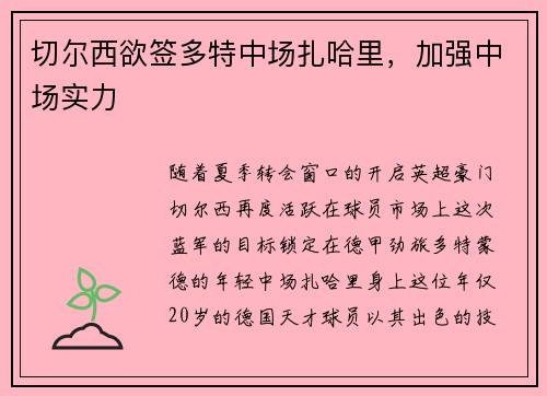 切尔西欲签多特中场扎哈里，加强中场实力