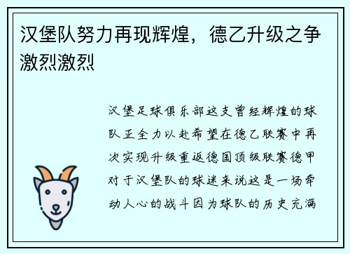 汉堡队努力再现辉煌，德乙升级之争激烈激烈