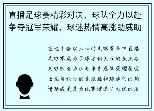 直播足球赛精彩对决，球队全力以赴争夺冠军荣耀，球迷热情高涨助威助阵