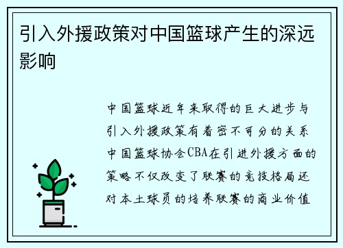 引入外援政策对中国篮球产生的深远影响