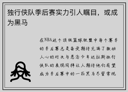 独行侠队季后赛实力引人瞩目，或成为黑马